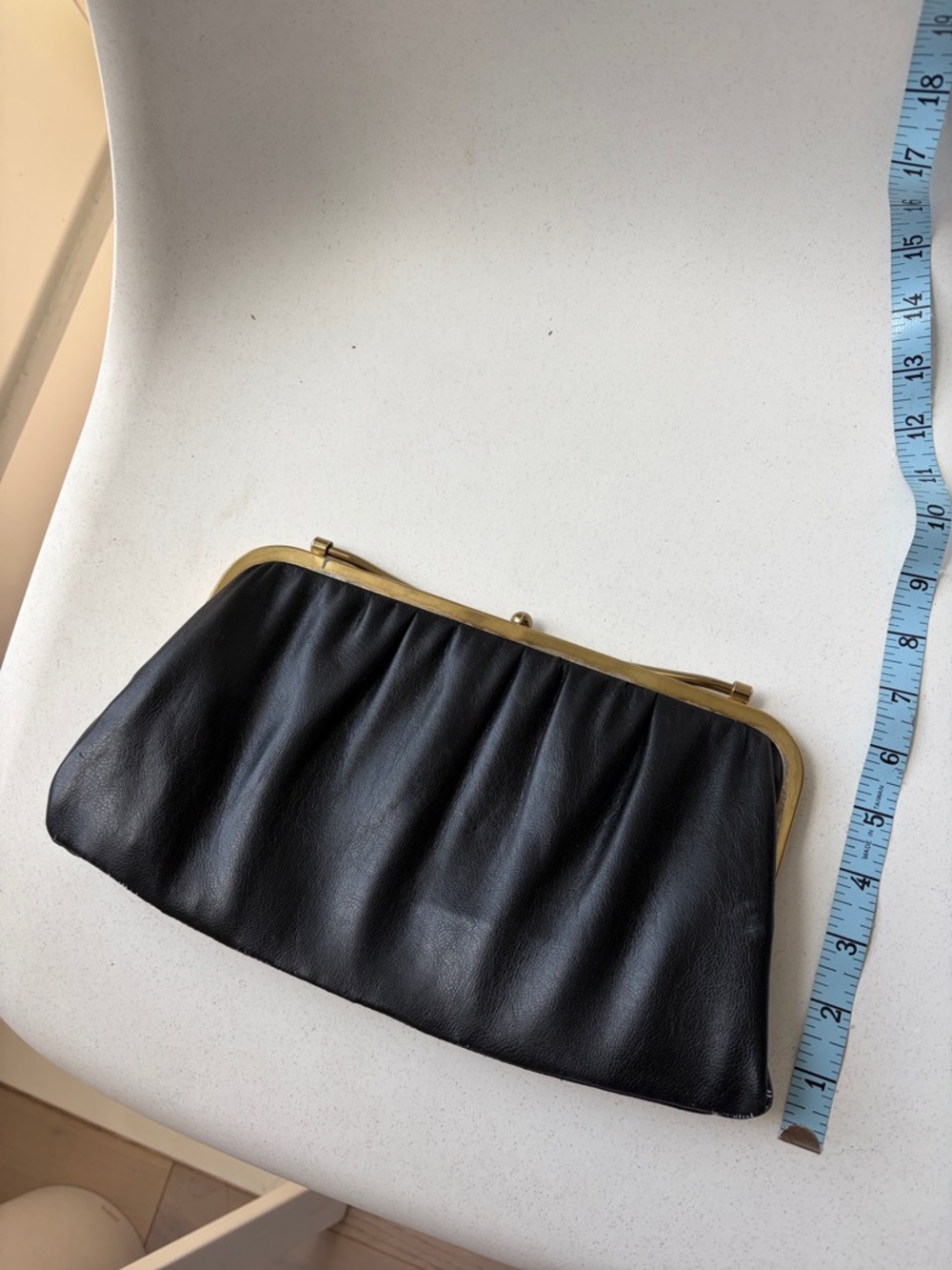 Vintage Black Leather Clutch with Gold Frame
